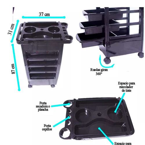 Mesa Auxiliar Barberia  5 Cajones Carrito Con Ruedas Salon Estetica