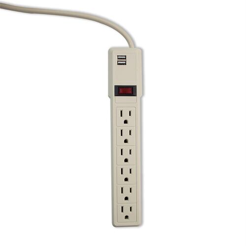 Supresor de picos 550J, 6 contactos, reset switch, cable de 45 cm calibre 16AWG, 2 puertos USB 1A