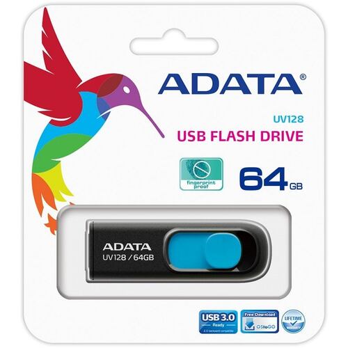 Memoria Flash USB 3.0 Adata UV128 64 GB Negro Con Azul AUV128-64G-RBE