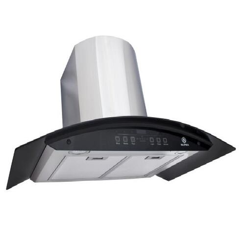 Campana extractora de 90 cm de cristal curvo y parrilla empotrable para gas SUPRA combo RIETI 