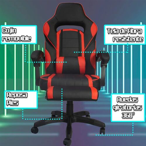 Silla Gamer Ergonomica Reposa Pies Cojin Desmontable Reclinable Roja