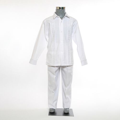 Conjunto de Guayabera Bordada de Lino color Blanco 6 a 18 años.