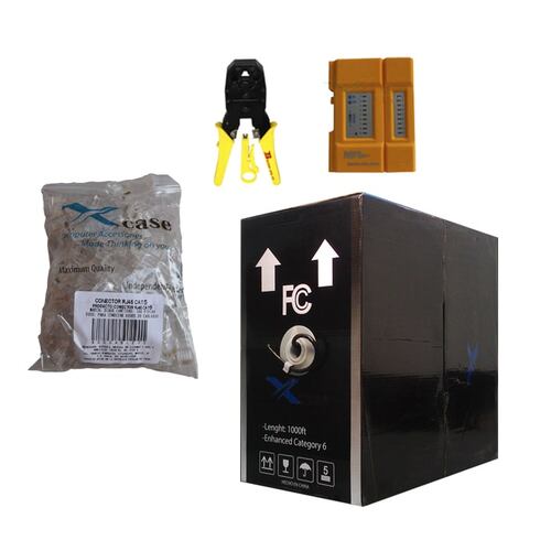 Kit paquete bobina cable utp cat6 305m negro, Plugs rj45 pinzas ponchadoras y probador de cable