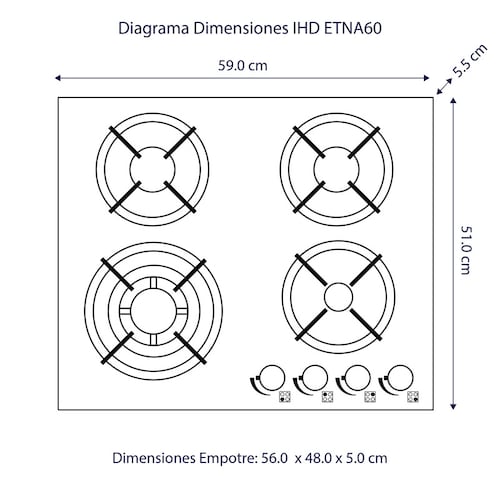 Parrilla de gas Empotrable / Sobrepuesta IHD Modelo ETNA60 de 60 cm 4 Quemadores y Cubierta de Cristal