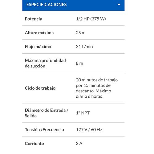 BOMBA  DE AGUA 1/2 CABALLO HP PERIFERICA ELECTRICA FOSET HASTA 25 METROS DE ALTURA