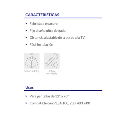 SOPORTE FIJO PARA TELEVISION PANTALLAS TV  DE 32"A 70 " FIJACION EN PARED  