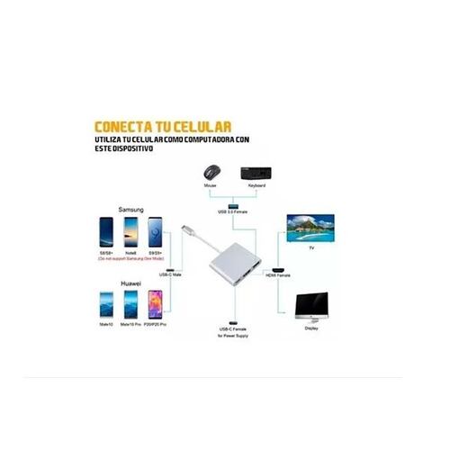 Adaptador 3 en 1 de entrada de puerto Tipo C (PD) a salida HDMI  y  USB 3.0