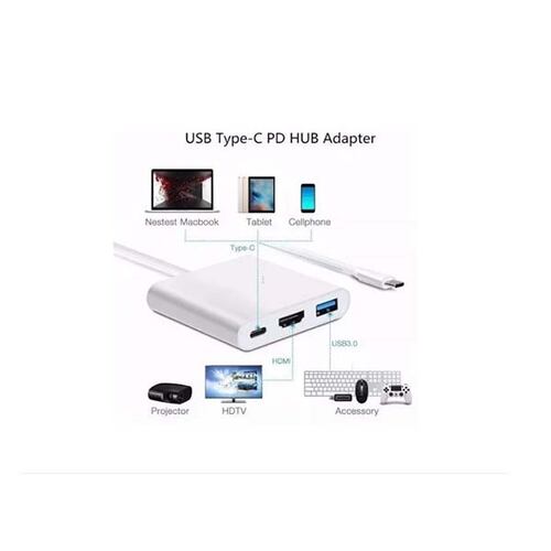 Adaptador 3 en 1 de entrada de puerto Tipo C (PD) a salida HDMI  y  USB 3.0