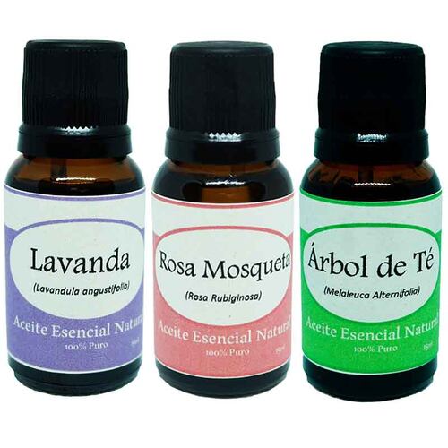 Lavanda Rosa Mosqueta Arbol de Te Aceite Esencial Natural 3 Frascos Kit Krisamex