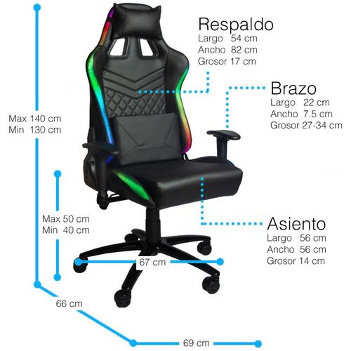 Silla Gamer Luz Led RGB Reclinable Ergonomica Cojines Desmontables 