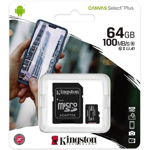 Memoria MicroSD 64GB Kingston SDXC Clase 10 Canvas Select Plus Con Adaptador SDCS2/64GB
