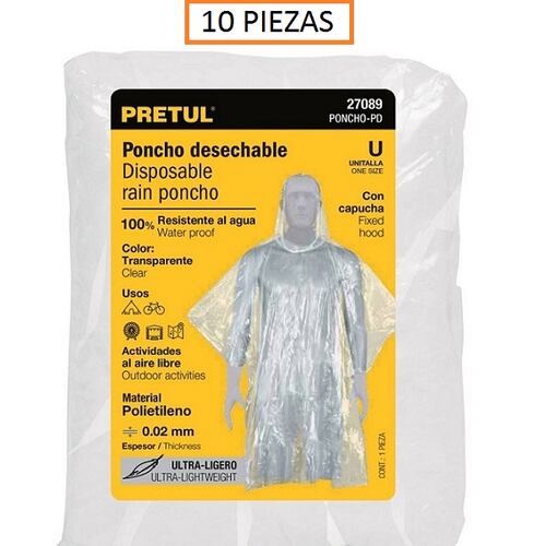 Impermeable Poncho Desechable Unitalla Con Capucha  incluye 10 piezas  Espesor 0.02mm Pretul 
