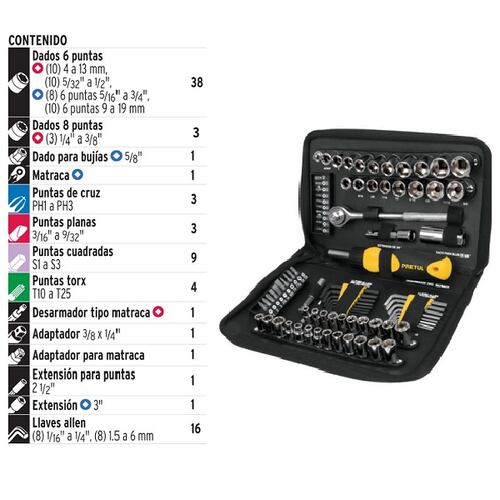 JUEGO DE HERRAMIENTAS MECANICA DADOS PUNTAS LLAVES ALLEN MALETIN 85 PIEZAS PRETUL