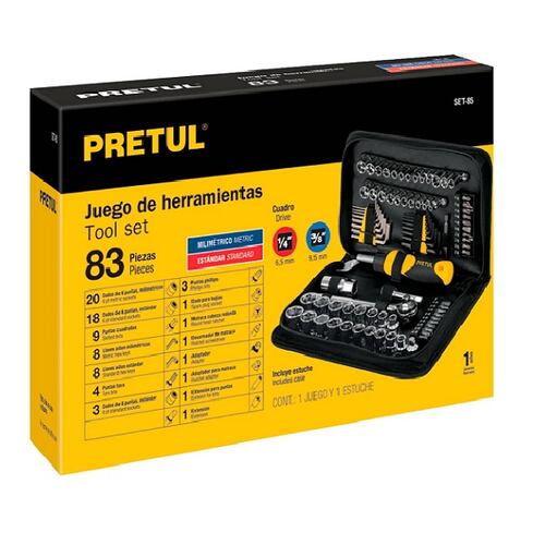 JUEGO DE HERRAMIENTAS MECANICA DADOS PUNTAS LLAVES ALLEN MALETIN 85 PIEZAS PRETUL