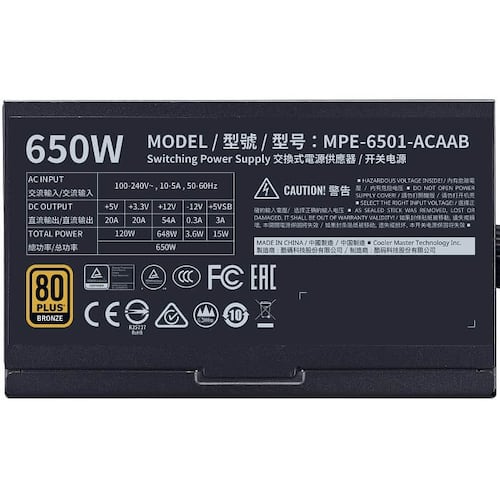 Fuente De Poder Cooler Master MWE 650 Bronze V2 650W 80 Plus MPE-6501-ACAAB-US.