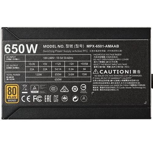 Fuente De Poder Cooler Master MasterWatt 650W Modular 80 Plus Bronze MPX-6501-AMAAB-U1.