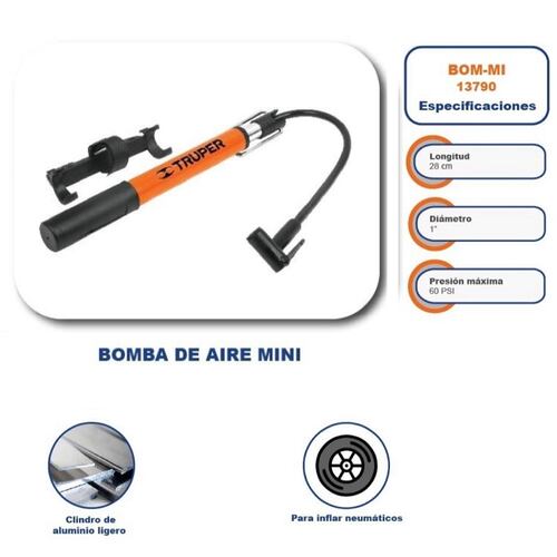 BOMBA MINI DE AIRE 60 PSI BALONES BICICLETA E INFLABLES INCLUYE SOPORTE BOM-MI TRUPER 