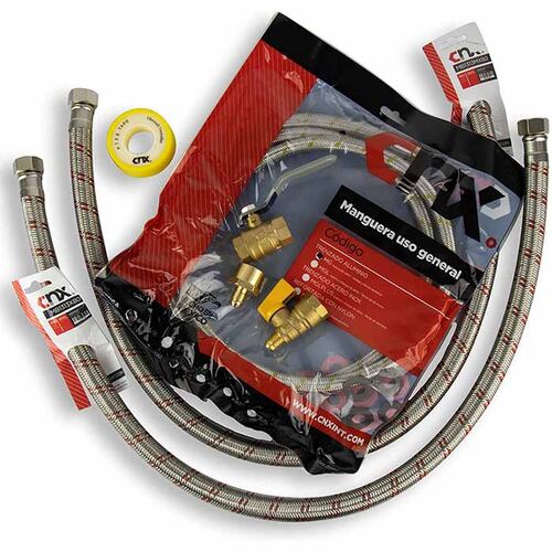 Kit de Instalación para Boiler de paso, Todo lo necesario para instalar un bolier de paso 5/16". Incluye 2x Mangueras para Boiler, 1x Manguera para uso general, 2x Válvulas, 1x Adaptador, 1x Cinta.
