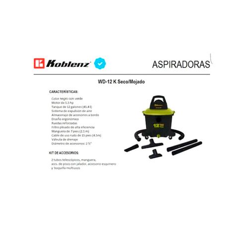 ASPIRADORA KOBLENZ DE 12 GALONES MULTIUSOS MODELO WD-12K.