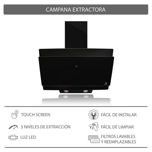 Campana extractora de cocina de 90cm SUPRA MURANO con cristal templado en color negro