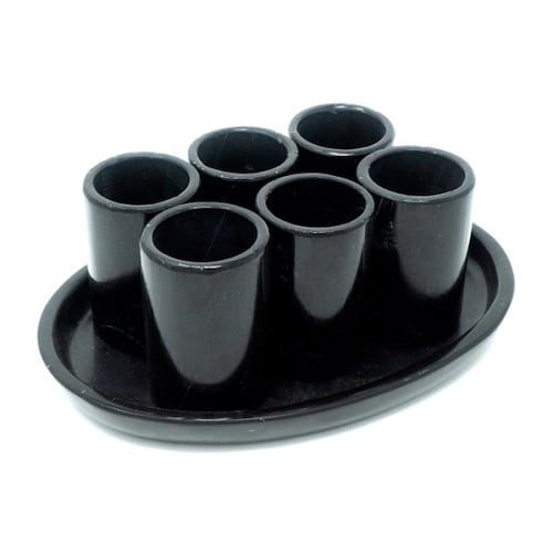 LUHOM LUJOSO HOGAR MEXICO Juego de 6 Tequileros de Mármoll Natural, Negro Monterrey / Set de 6 caballitos de Mármol con bandeja / Vaso Tequilero, Mezcal / Vaso de chupito