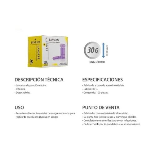100 Lancetas Universales Glucosa Estériles Benesta 30g