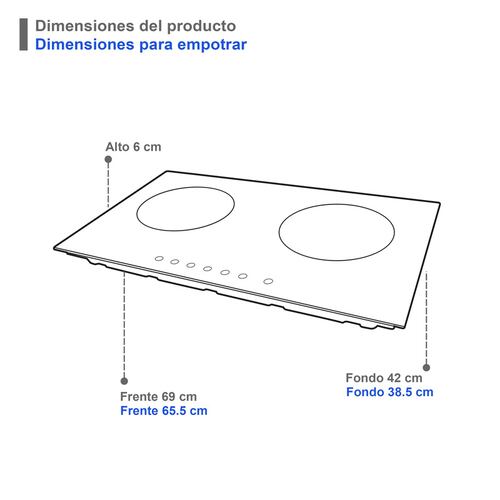 Parrilla de inducción magnética empotrable de 2 quemadores SUPRA DUE-E en color negro de 69 cm 