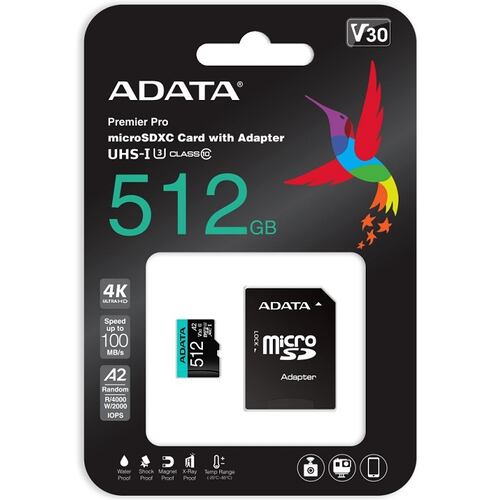 Memoria MicroSD Adata Premier Pro 512GB SDXC Clase 10 V30 A2 Con Adaptador AUSDX512GUI3V30SA2-RA1.