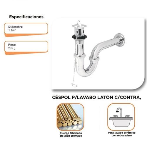 CESPOL PARA LAVABO 1-1/4" LATON CROMADO TIPO MONEDA FOSET 