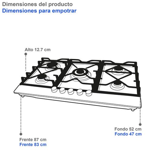 Parrilla de gas empotrable de 5 quemadores SUPRA 5Q-TM-87 de 87cm con cubierta de acero brillante
