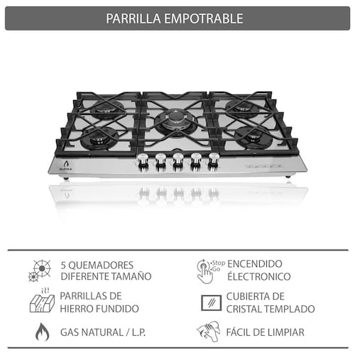 Parrilla de gas empotrable de 5 quemadores SUPRA 5Q-TM-87 de 87cm con cubierta de acero brillante
