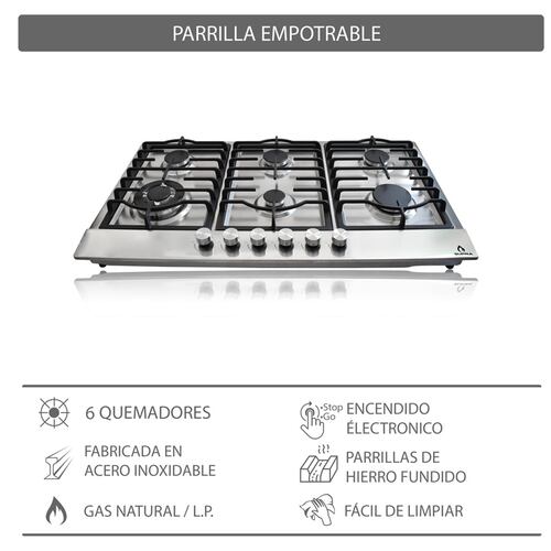 Parrilla de gas empotrable 90cm de 6 quemadores SUPRA DIAMOND STEEL con cubierta de acero brillante