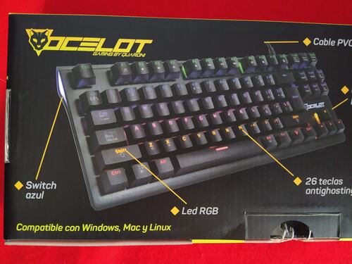 TECLADO ALAMBRICO OCELOT GAMER MECANICO SWITCH AZUL PLASTICO RGB NEGRO OGMK02 COLORES USB LED PLUG.