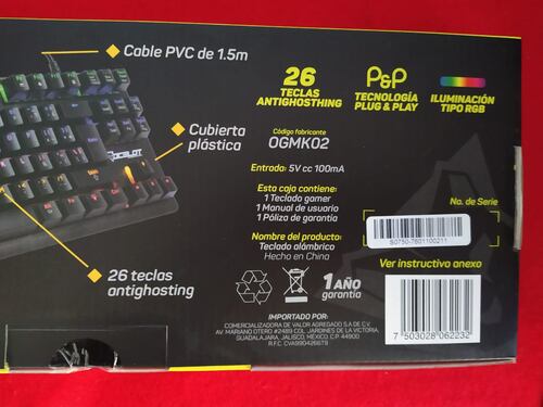 TECLADO ALAMBRICO OCELOT GAMER MECANICO SWITCH AZUL PLASTICO RGB NEGRO OGMK02 COLORES USB LED PLUG.