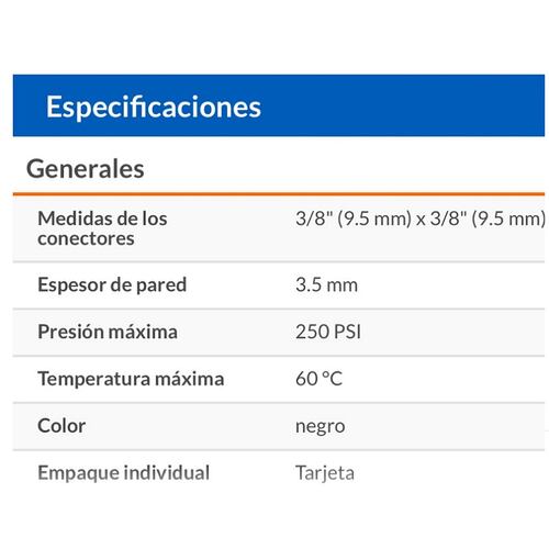 MANGUERA FLEXIBLE NEGRA  PVC GAS 3/8 PULG X 5 M ALTA PRESION FOSET 