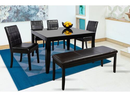 Comedor Angy Tagore 4 Sillas y Banca en Madera y Cubierta de Cristal.