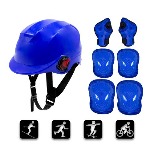 Kit Seguridad Skate Juvenil Azul Plástico PU Alta Resistencia Ajuste Velcro