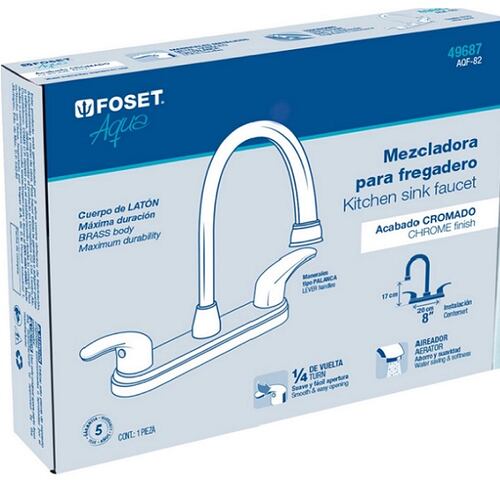 Mezcladora para Fregadero 8" Manerales de Palanca Acabado Cromado  Cuello Alto de Acero Inoxidable FOSET AQF-82  