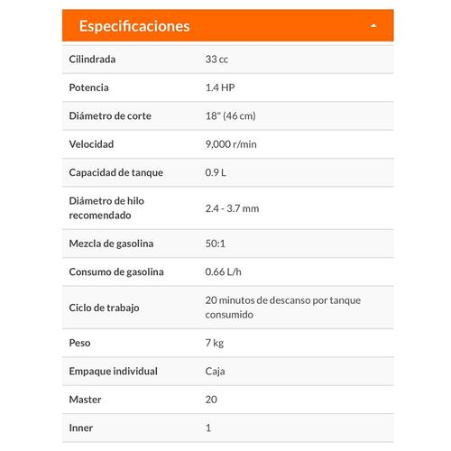 Desmalezadora a gasolina de 33cc Mango bici de 18" Calidad Premium Truper Mosco de Jardinería Corta pasto Hierbas Malezas
