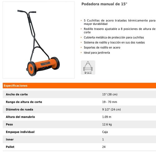 Podadora Manual  15" Cortadora de Pasto-Hierba sistema de Rodillo 5 Cuchillas Jardin Jardinera Truper POMA-15