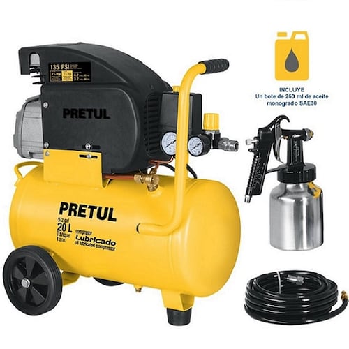 Comprensor de 20 L ,2-1/2" HP incluye Manguera ( 5 m ) y Pistola para Pintar Carpinteria y Pintura Combo COMP-KIT20P PRETUL 