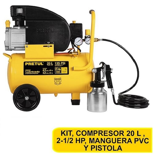 Comprensor de 20 L ,2-1/2" HP incluye Manguera ( 5 m ) y Pistola para Pintar Carpinteria y Pintura Combo COMP-KIT20P PRETUL 
