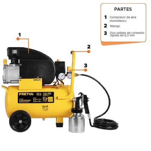 Comprensor de 20 L ,2-1/2" HP incluye Manguera ( 5 m ) y Pistola para Pintar Carpinteria y Pintura Combo COMP-KIT20P PRETUL 