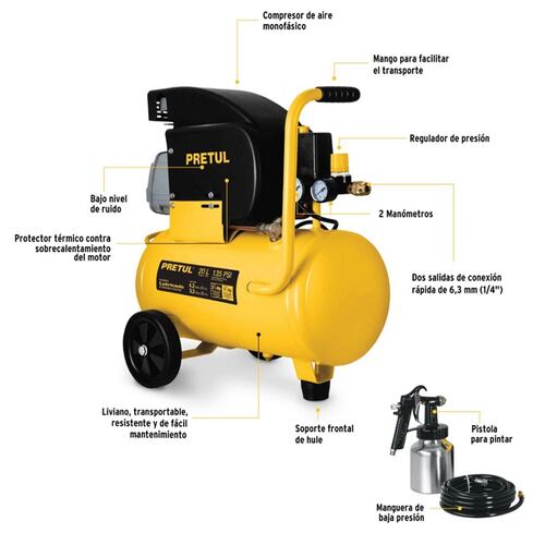 Comprensor de 20 L ,2-1/2" HP incluye Manguera ( 5 m ) y Pistola para Pintar Carpinteria y Pintura Combo COMP-KIT20P PRETUL 