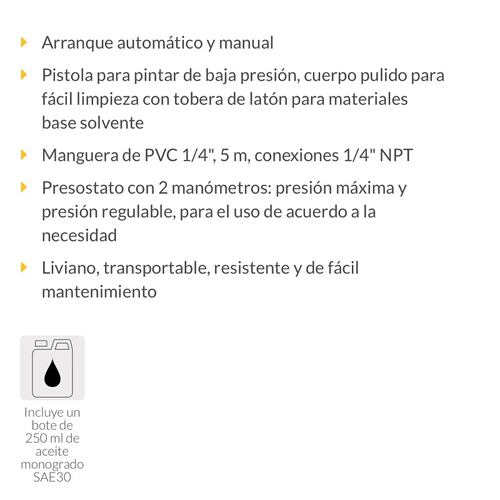 Comprensor de 20 L ,2-1/2" HP incluye Manguera ( 5 m ) y Pistola para Pintar Carpinteria y Pintura Combo COMP-KIT20P PRETUL 