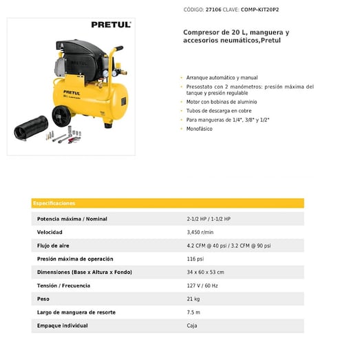 Compresor de 20 L ,2-1/2" HP Incluye Manguera y Accesorios Neumáticos Pistola Sopleteadora Combo Pretul COMP-KIT20P2