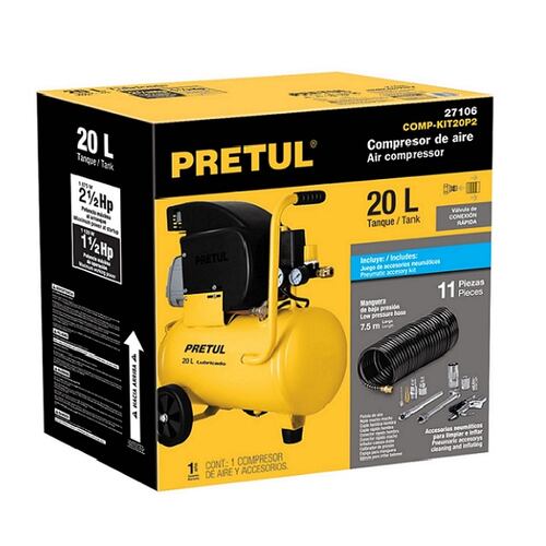 Compresor de 20 L ,2-1/2" HP Incluye Manguera y Accesorios Neumáticos Pistola Sopleteadora Combo Pretul COMP-KIT20P2