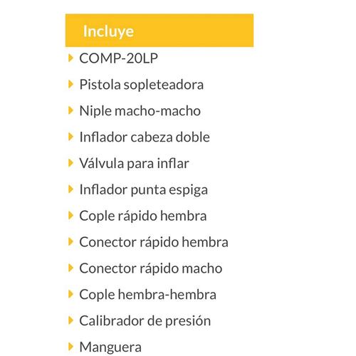 Compresor de 20 L ,2-1/2" HP Incluye Manguera y Accesorios Neumáticos Pistola Sopleteadora Combo Pretul COMP-KIT20P2