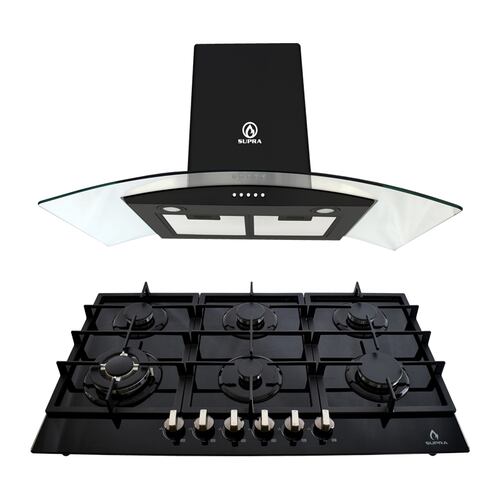 Combo campana de cocina de acero inoxidable color negro y parrilla empotrable de cristal templado SUPRA CASTELLUCIO campana extractora de 3 velocidades con parrilla a gas