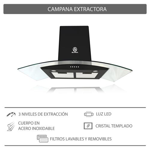 Combo campana de cocina de acero inoxidable color negro y parrilla empotrable de cristal templado SUPRA CASTELLUCIO campana extractora de 3 velocidades con parrilla a gas